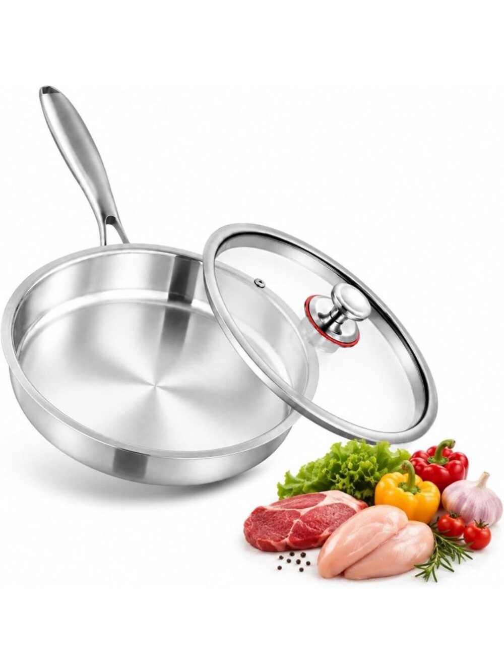 9-Inch Tri-Ply Stainless Steel Frying Pan with Lid - Durable Cookware Essential